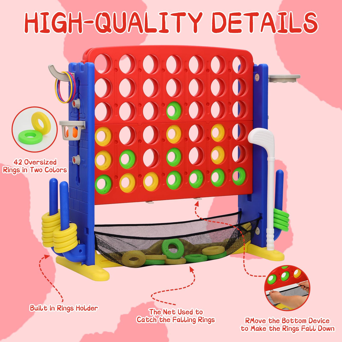 Jumbo 4-to-Score Connect Game with Height Adjustment, Multi-Game Set Including Golf, Basketball Hoop, Ring Toss & Mesh Bag,Red