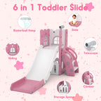 6-in-1 Toddler Slide Play Set for Ages 1–3,Multi-Functional Indoor Outdoor Kids Slide with Basketball Hoop&Telescope,L-Shaped Children Slidem,Pink