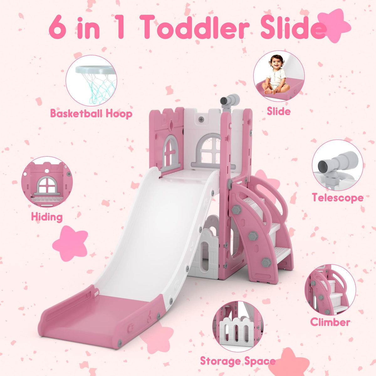 6-in-1 Toddler Slide Play Set for Ages 1–3,Multi-Functional Indoor Outdoor Kids Slide with Basketball Hoop&Telescope,L-Shaped Children Slidem,Pink