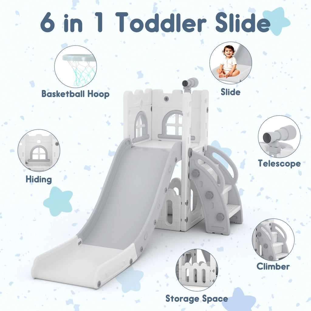 6-in-1 Toddler Slide Play Set for Ages 1–3,Multi-Functional Indoor Outdoor Kids Slide with Basketball Hoop&Telescope,L-Shaped Children Slidem,Grey