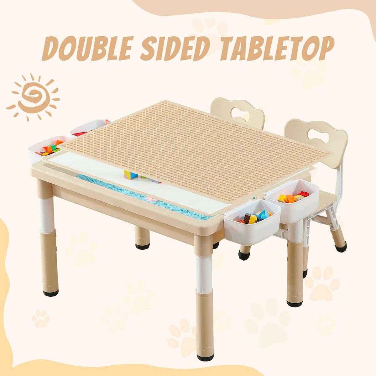 4-in-1 Toddler Activity Table with 2 Chairs, Double Sided Tabletop for Graffiti & Building Blocks, Kids Play Set with Four Side Storage Bins,Brown