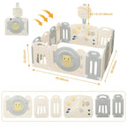 14-Panel Foldable Toddler Playpen with Locked Gate&Height Adjustable Basketball Hoop Game Board,Multi-scene Indoor Outdoor Baby Activity Fence,Gray White