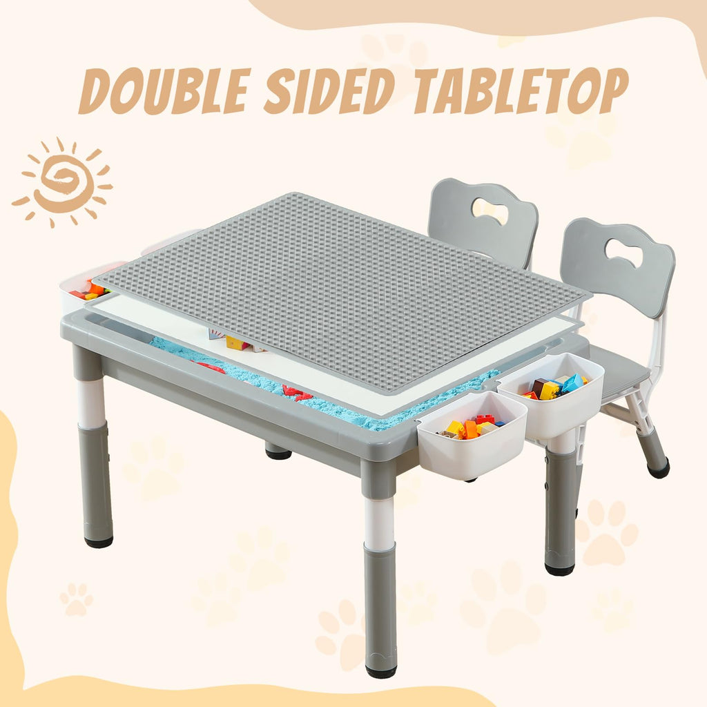4-in-1 Toddler Activity Table with 2 Chairs, Double Sided Tabletop for Graffiti & Building Blocks, Kids Play Set with Four Side Storage Bins,Gray