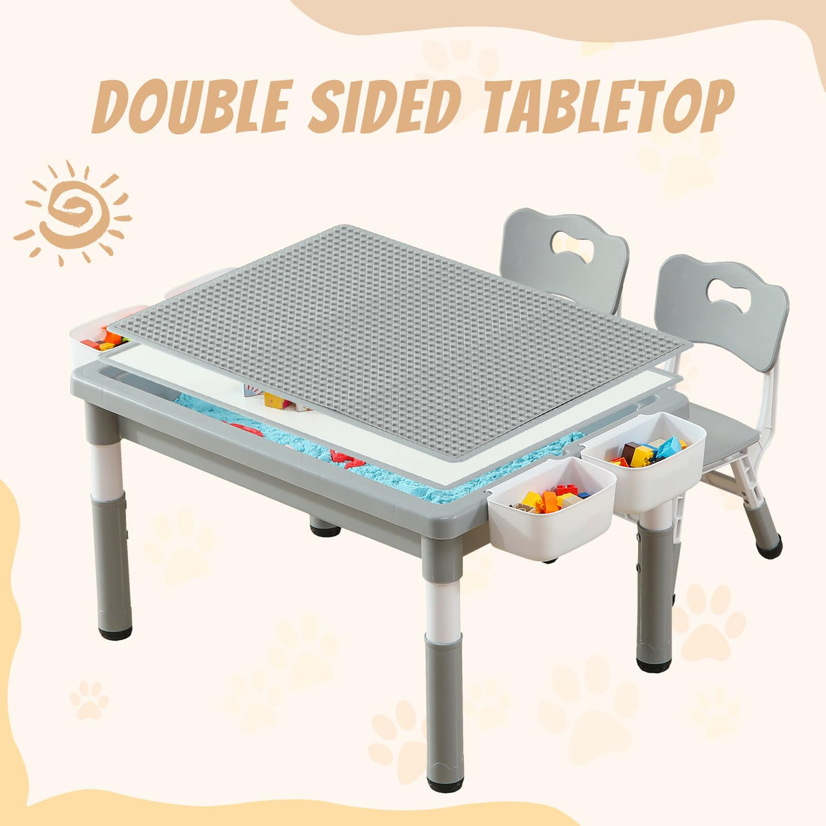 4-in-1 Toddler Activity Table with 2 Chairs, Double Sided Tabletop for Graffiti & Building Blocks, Kids Play Set with Four Side Storage Bins,Gray