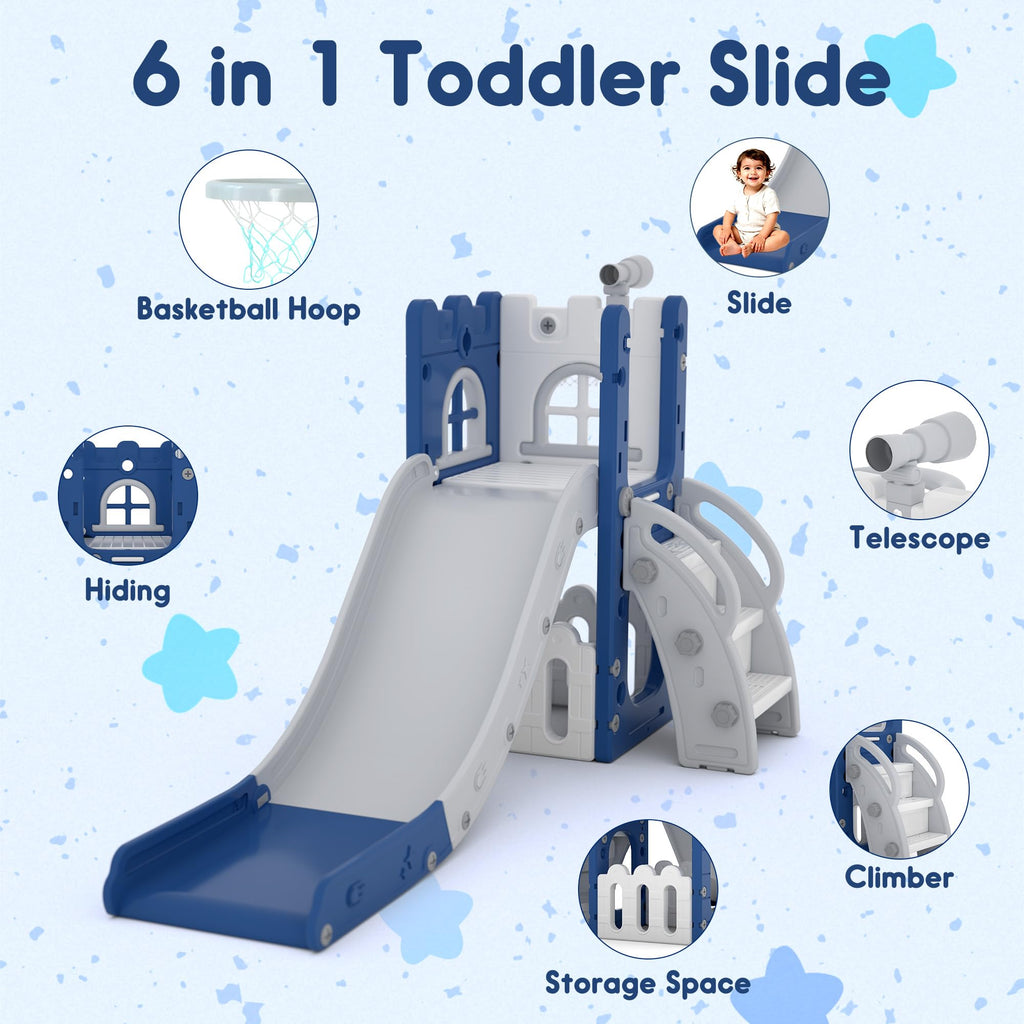 6-in-1 Toddler Slide Play Set for Ages 1–3,Multi-Functional Indoor Outdoor Kids Slide with Basketball Hoop&Telescope,L-Shaped Children Slidem,Blue