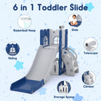 6-in-1 Toddler Slide Play Set for Ages 1–3,Multi-Functional Indoor Outdoor Kids Slide with Basketball Hoop&Telescope,L-Shaped Children Slidem,Blue