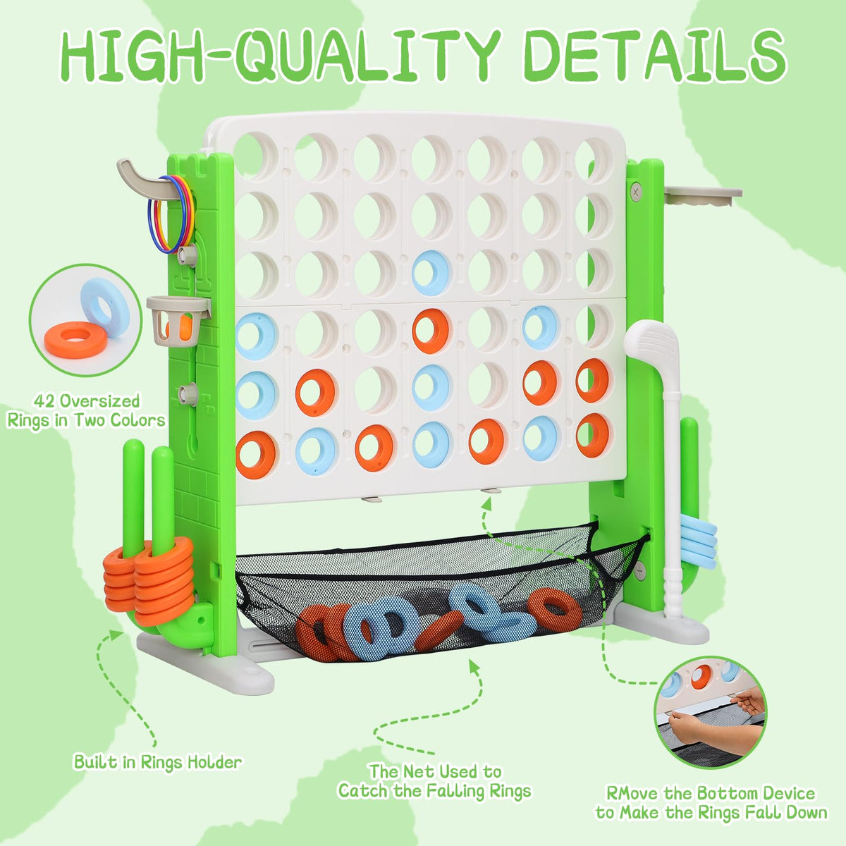 Jumbo 4-to-Score Connect Game with Height Adjustment, Multi-Game Set Including Golf, Basketball Hoop, Ring Toss & Mesh Bag,Green