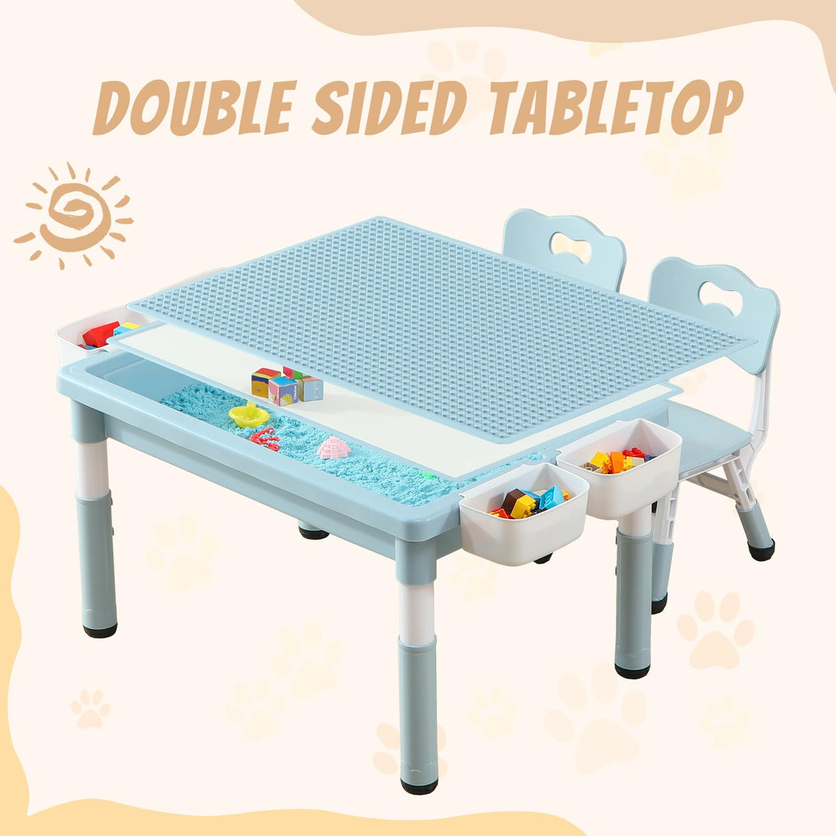 4-in-1 Toddler Activity Table with 2 Chairs, Double Sided Tabletop for Graffiti & Building Blocks, Kids Play Set with Four Side Storage Bins,Blue