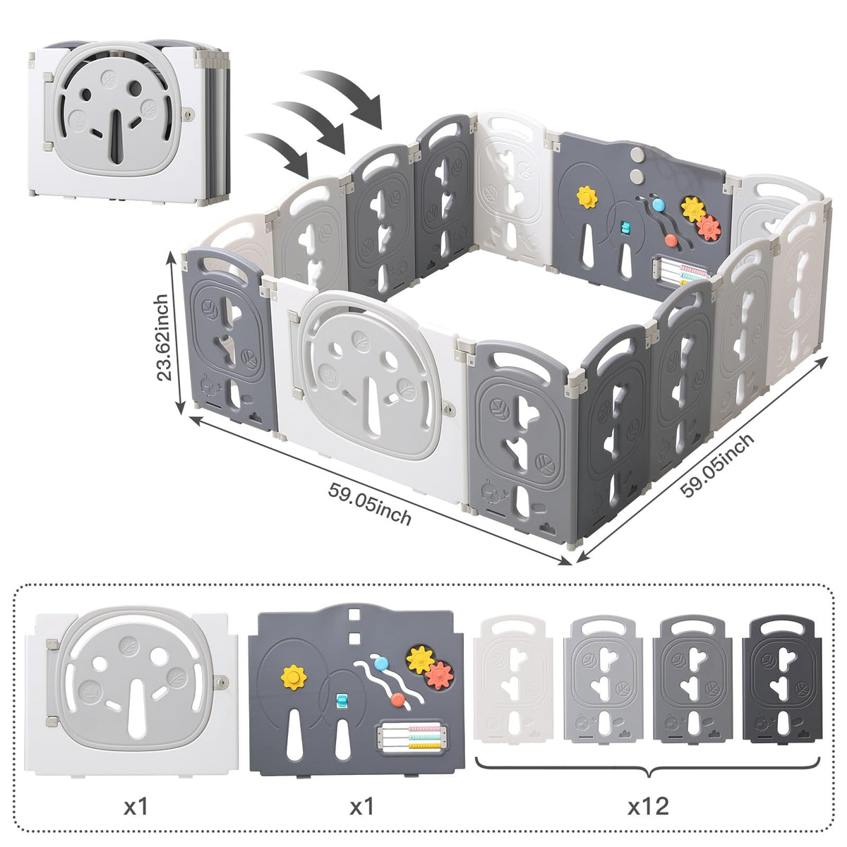 14-Panel Portable Plastic Playpen,Safe Activity Fence for Toddlers,Gray