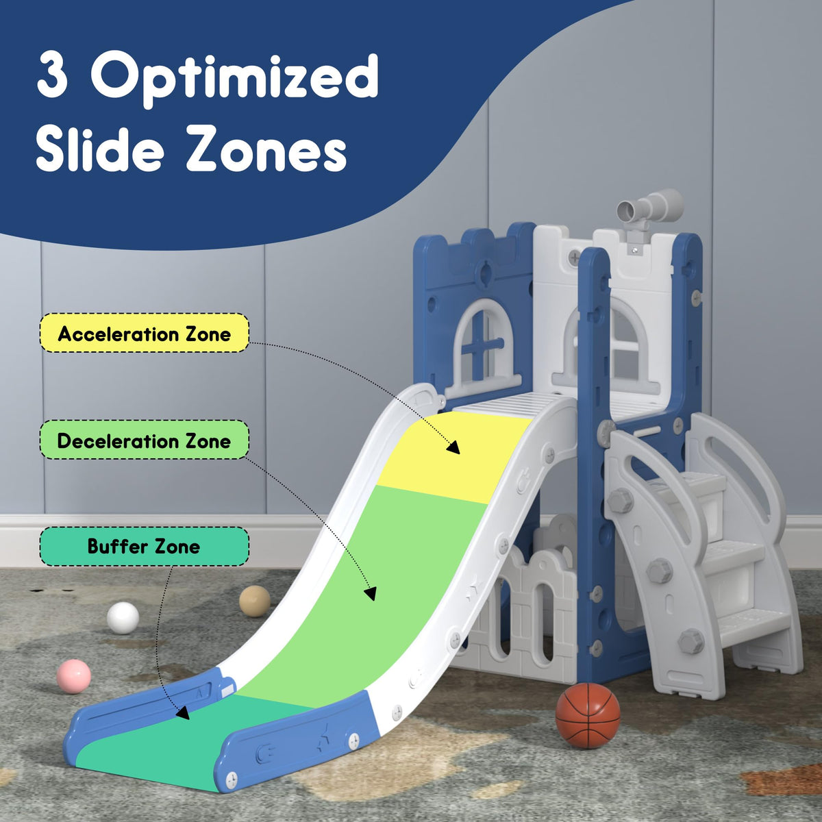 6-in-1 Toddler Slide Play Set for Ages 1–3,Multi-Functional Indoor Outdoor Kids Slide with Basketball Hoop&Telescope,L-Shaped Children Slidem,Blue