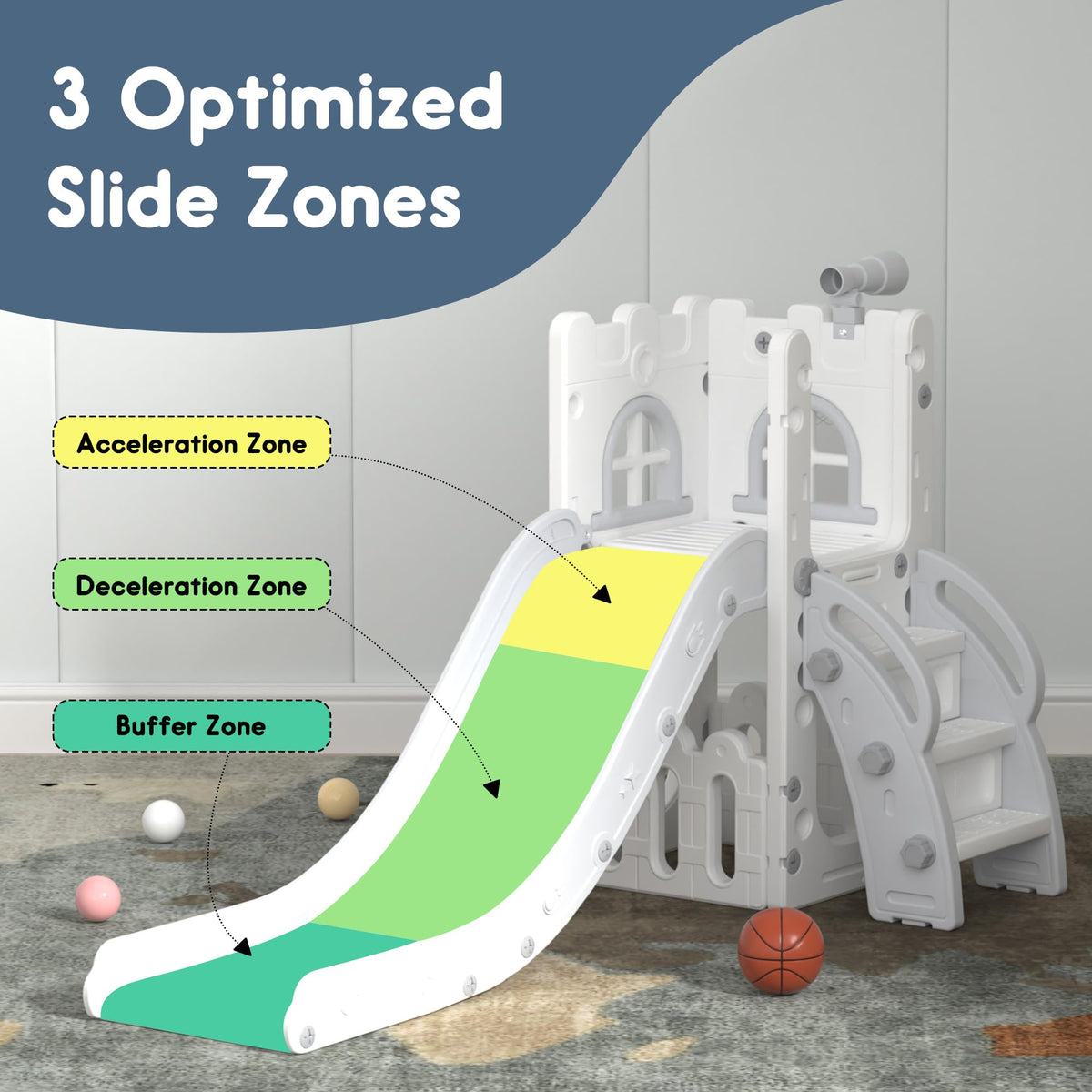 6-in-1 Toddler Slide Play Set for Ages 1–3,Multi-Functional Indoor Outdoor Kids Slide with Basketball Hoop&Telescope,L-Shaped Children Slidem,Grey