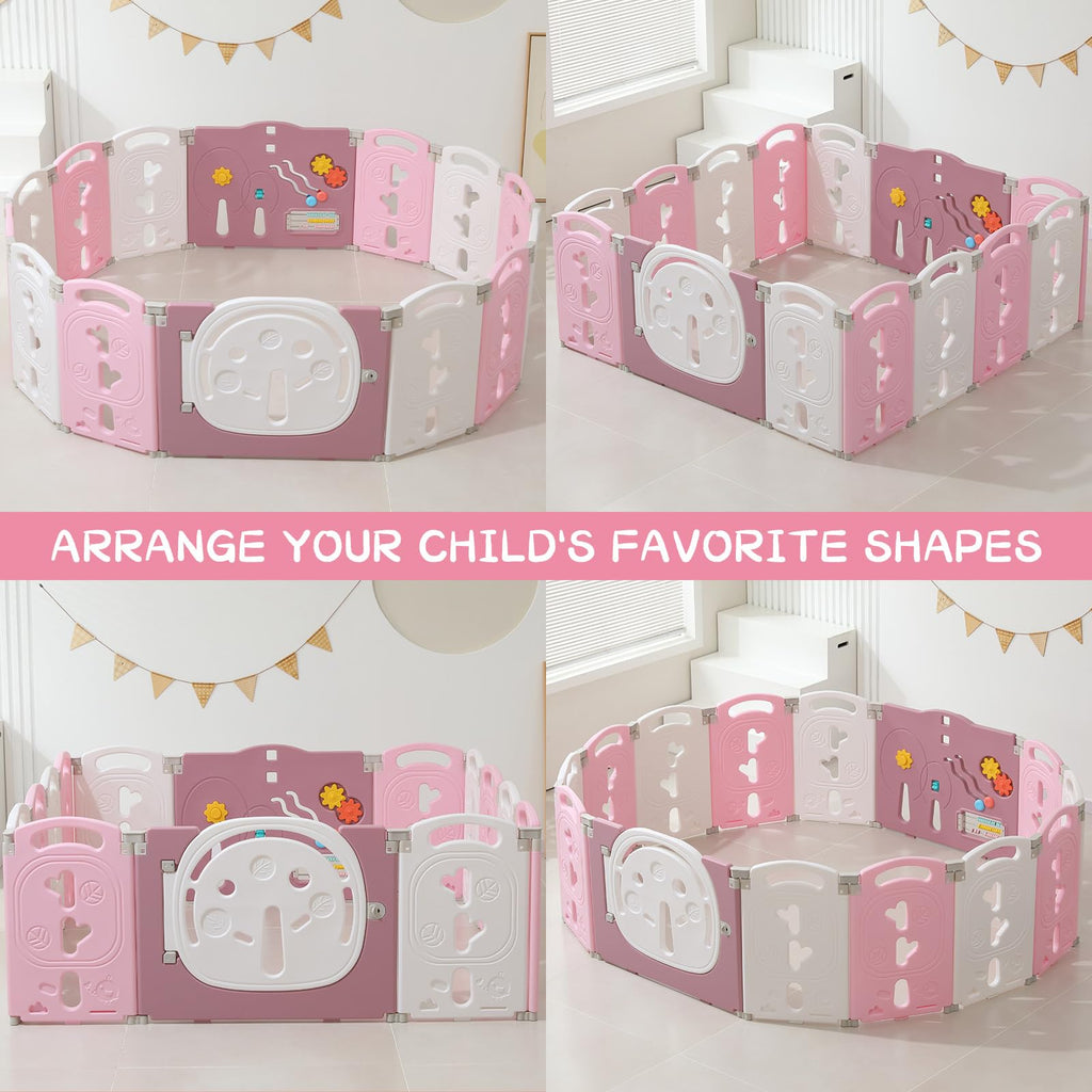 14-Panel Portable Plastic Playpen,Safe Activity Fence for Toddlers,Pink