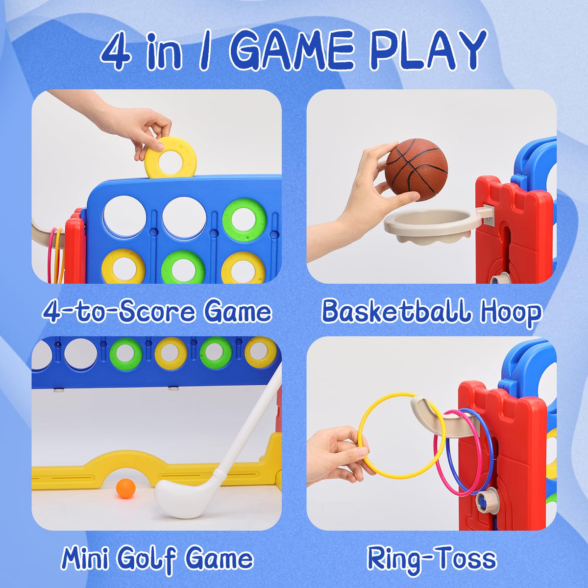 Jumbo 4-to-Score Connect Game with Height Adjustment, Multi-Game Set Including Golf, Basketball Hoop, Ring Toss & Mesh Bag,Blue