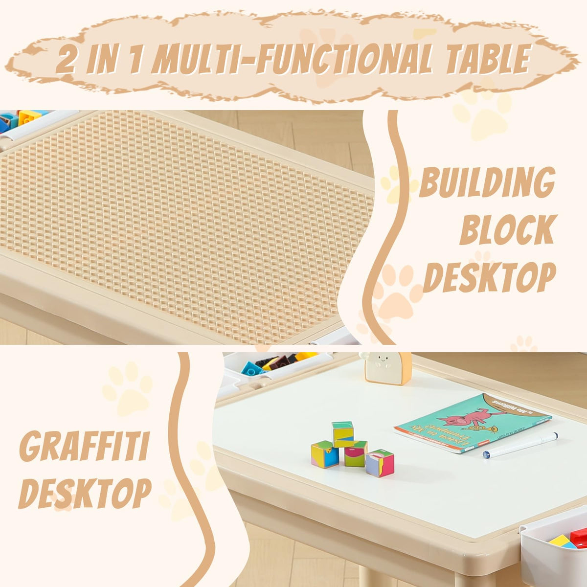 4-in-1 Toddler Activity Table with 2 Chairs, Double Sided Tabletop for Graffiti & Building Blocks, Kids Play Set with Four Side Storage Bins,Brown