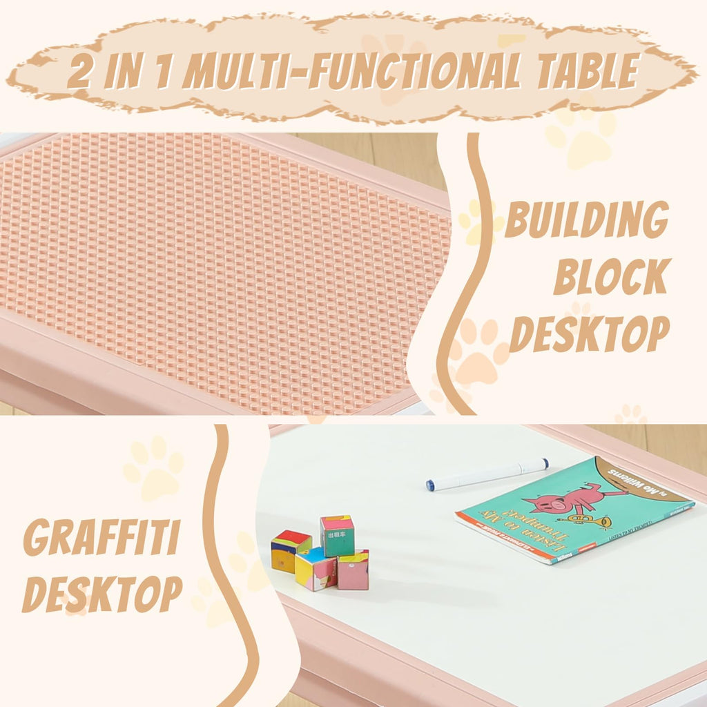 4-in-1 Toddler Activity Table with 2 Chairs, Double Sided Tabletop for Graffiti & Building Blocks, Kids Play Set with Four Side Storage Bins,Pink