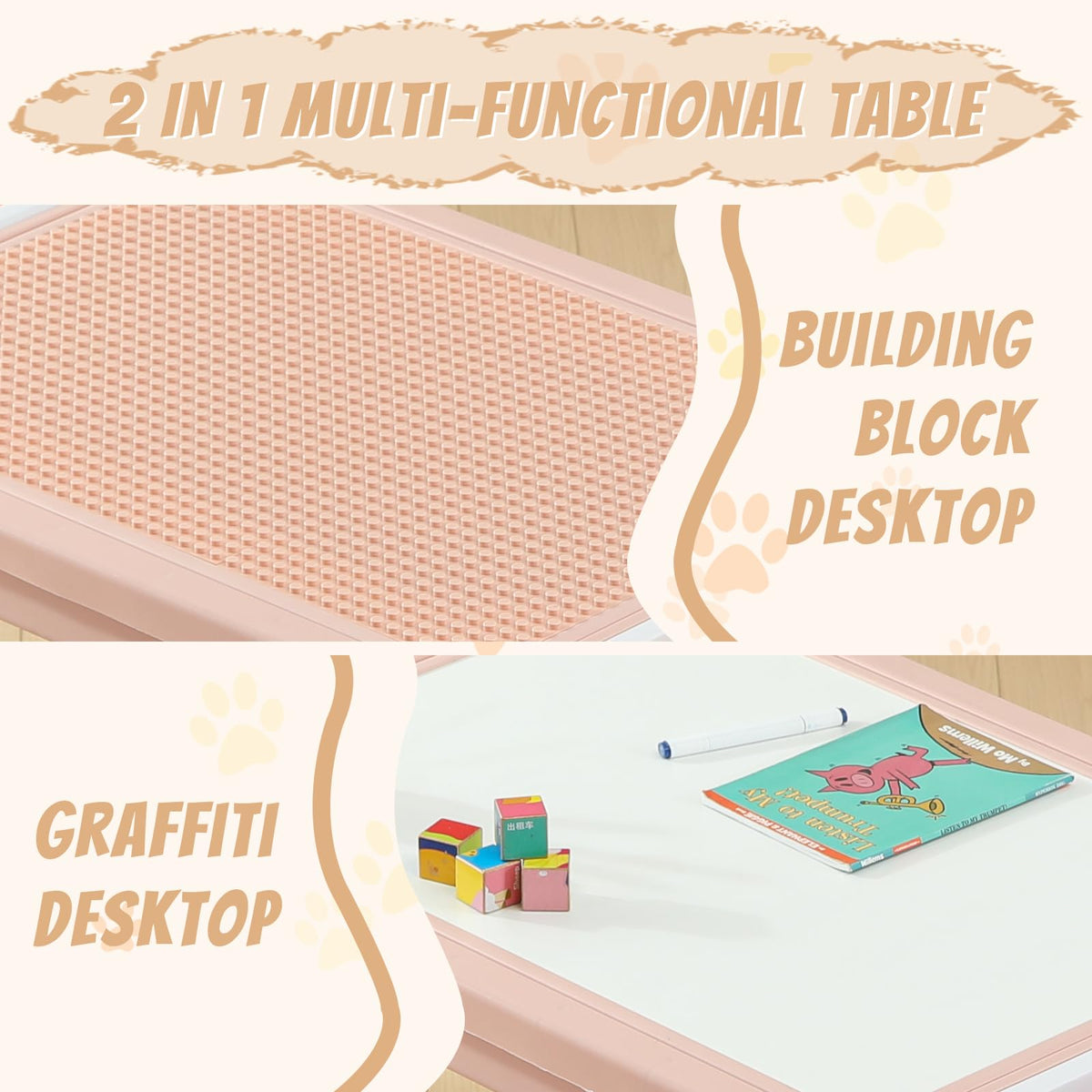 4-in-1 Toddler Activity Table with 2 Chairs, Double Sided Tabletop for Graffiti & Building Blocks, Kids Play Set with Four Side Storage Bins,Pink