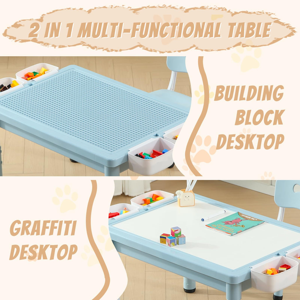 4-in-1 Toddler Activity Table with 2 Chairs, Double Sided Tabletop for Graffiti & Building Blocks, Kids Play Set with Four Side Storage Bins,Blue