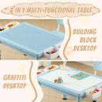 4-in-1 Toddler Activity Table with 2 Chairs, Double Sided Tabletop for Graffiti & Building Blocks, Kids Play Set with Four Side Storage Bins,Blue