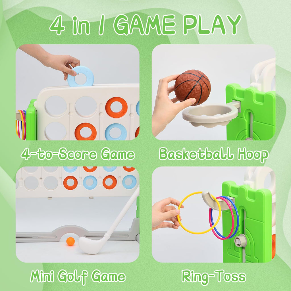 Jumbo 4-to-Score Connect Game with Height Adjustment, Multi-Game Set Including Golf, Basketball Hoop, Ring Toss & Mesh Bag,Green