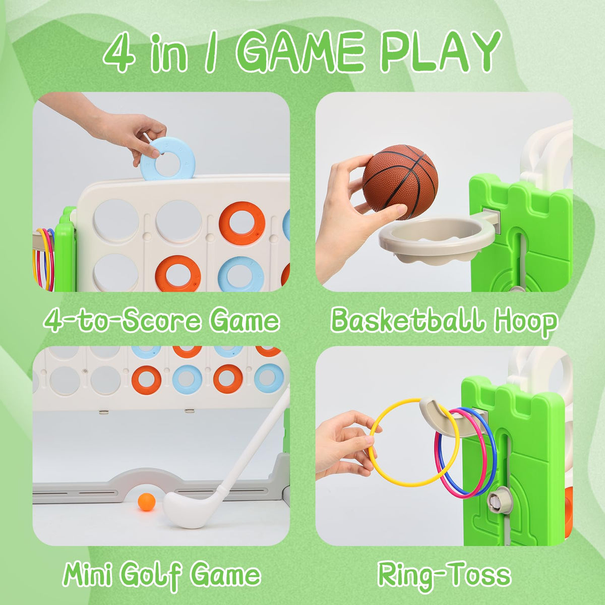 Jumbo 4-to-Score Connect Game with Height Adjustment, Multi-Game Set Including Golf, Basketball Hoop, Ring Toss & Mesh Bag,Green