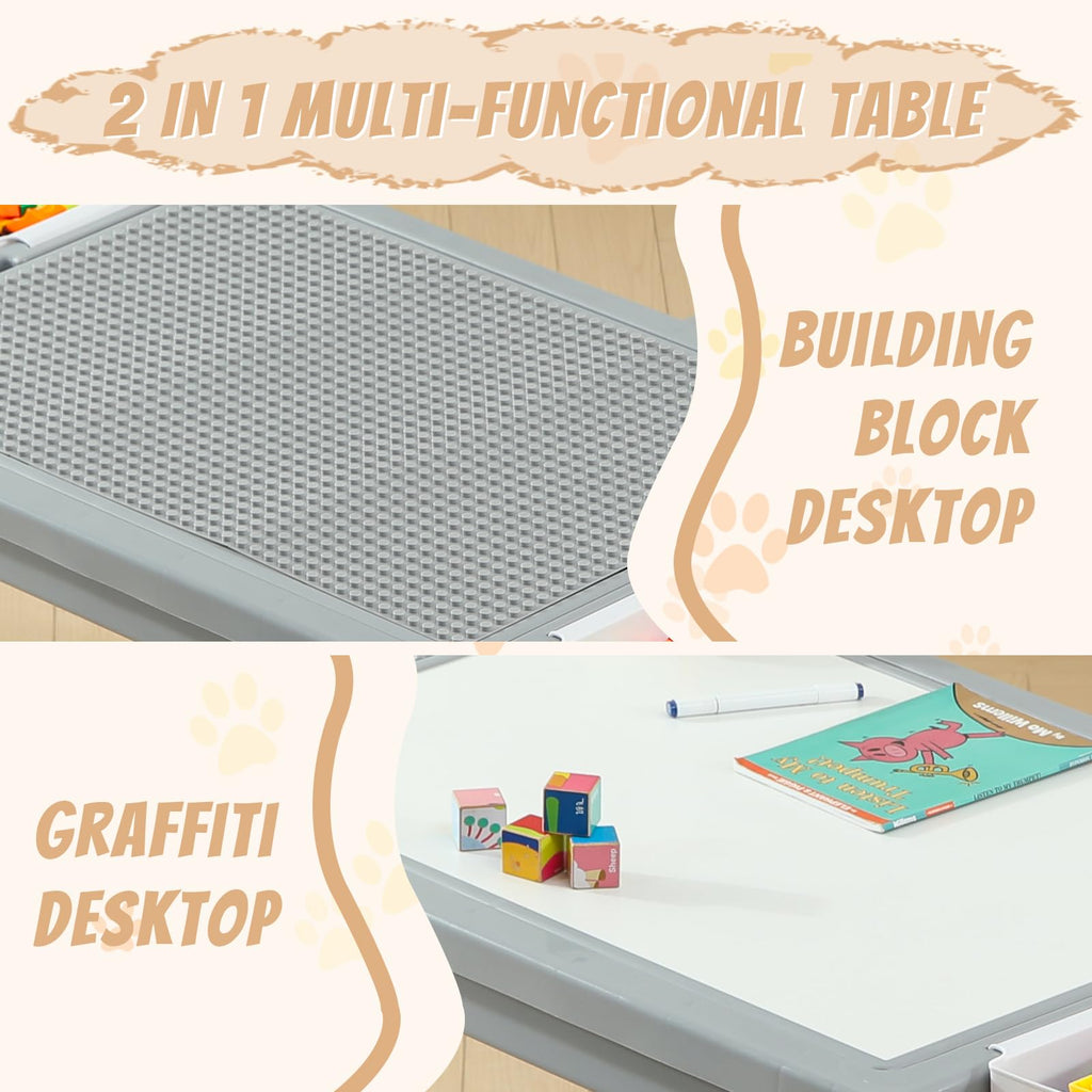 4-in-1 Toddler Activity Table with 2 Chairs, Double Sided Tabletop for Graffiti & Building Blocks, Kids Play Set with Four Side Storage Bins,Gray