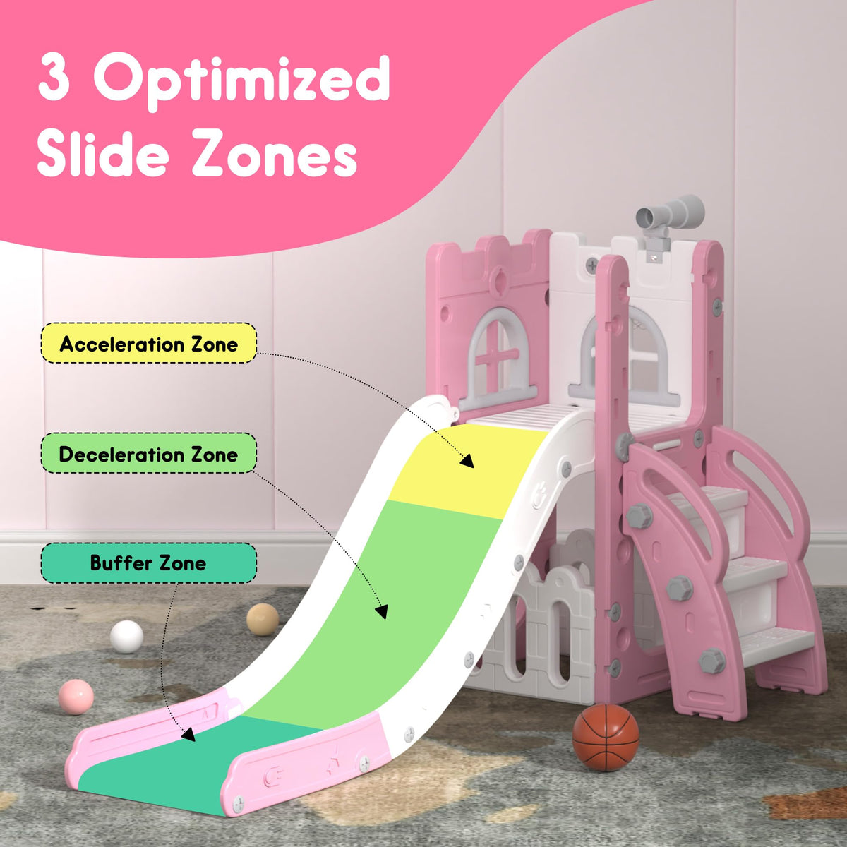 6-in-1 Toddler Slide Play Set for Ages 1–3,Multi-Functional Indoor Outdoor Kids Slide with Basketball Hoop&Telescope,L-Shaped Children Slidem,Pink