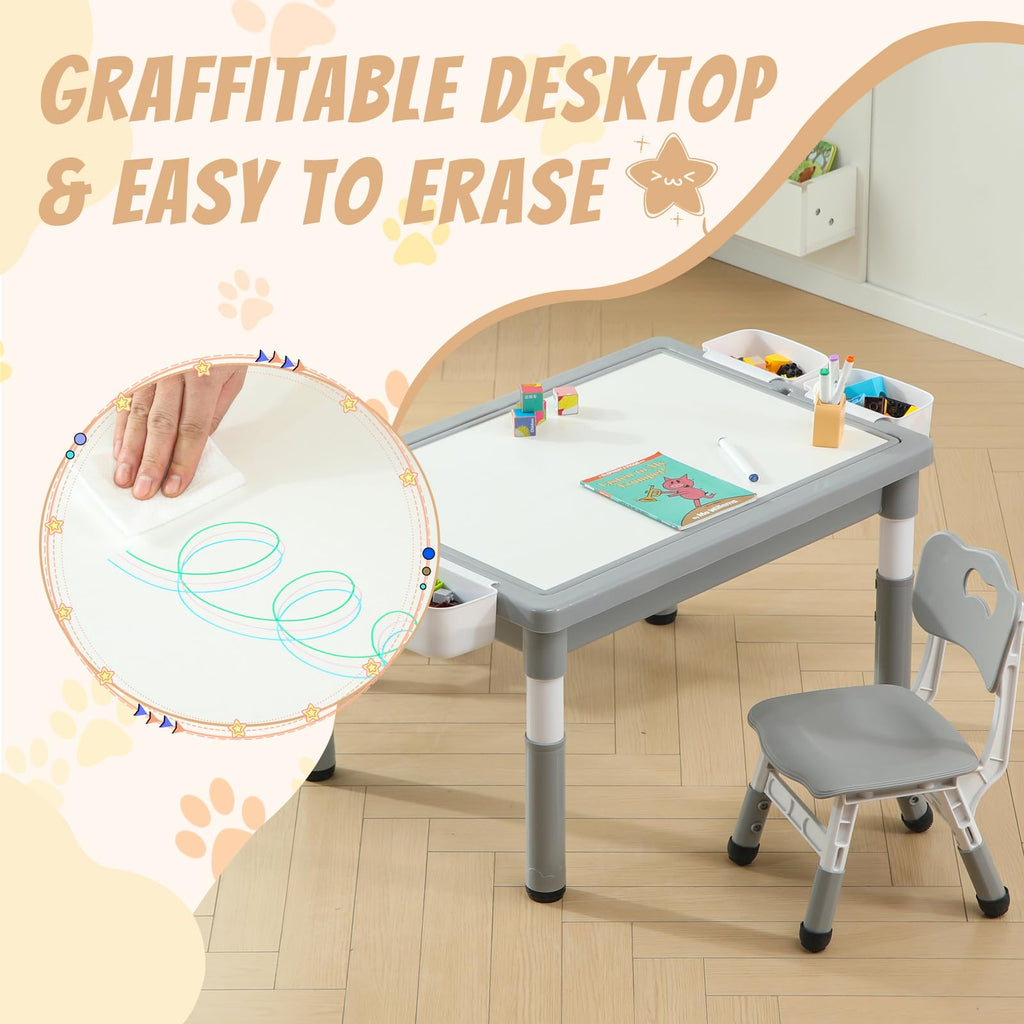 4-in-1 Toddler Activity Table with 2 Chairs, Double Sided Tabletop for Graffiti & Building Blocks, Kids Play Set with Four Side Storage Bins,Gray