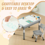 4-in-1 Toddler Activity Table with 2 Chairs, Double Sided Tabletop for Graffiti & Building Blocks, Kids Play Set with Four Side Storage Bins,Gray