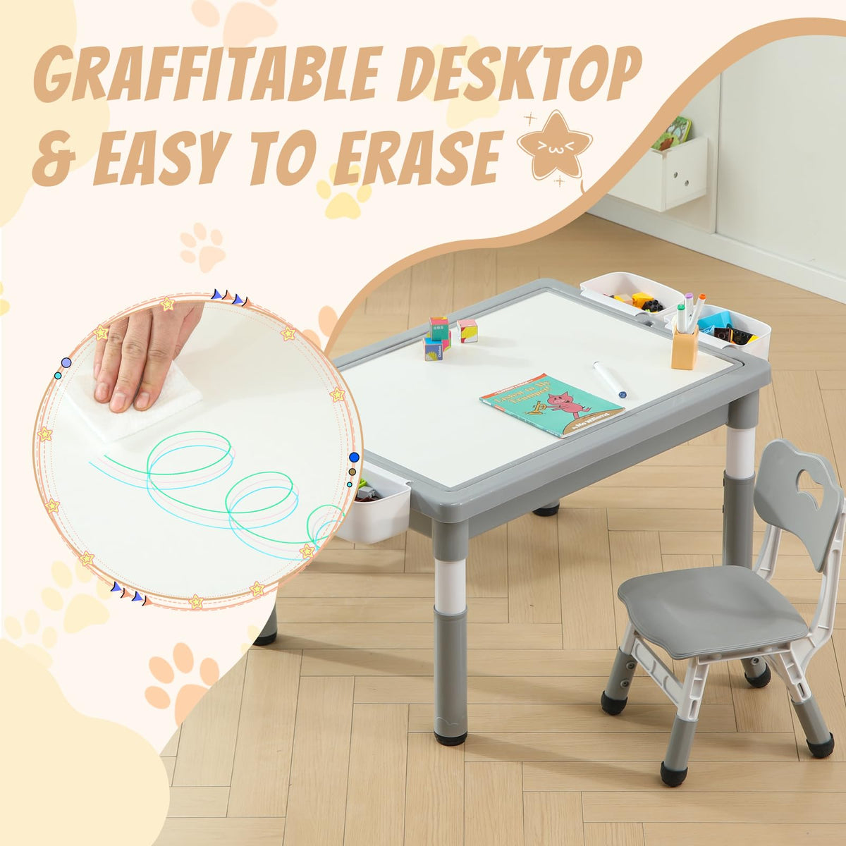 4-in-1 Toddler Activity Table with 2 Chairs, Double Sided Tabletop for Graffiti & Building Blocks, Kids Play Set with Four Side Storage Bins,Gray