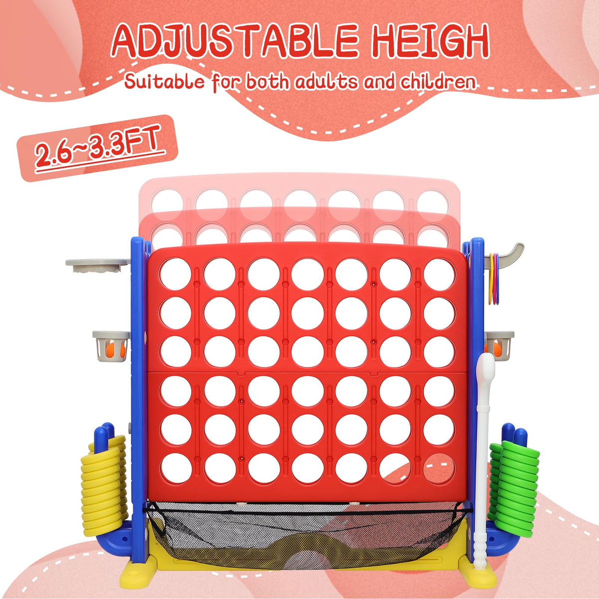 Jumbo 4-to-Score Connect Game with Height Adjustment, Multi-Game Set Including Golf, Basketball Hoop, Ring Toss & Mesh Bag,Red