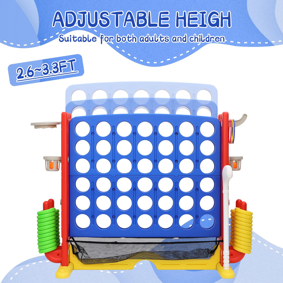 Jumbo 4-to-Score Connect Game with Height Adjustment, Multi-Game Set Including Golf, Basketball Hoop, Ring Toss & Mesh Bag,Blue