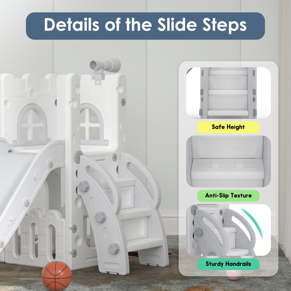 6-in-1 Toddler Slide Play Set for Ages 1–3,Multi-Functional Indoor Outdoor Kids Slide with Basketball Hoop&Telescope,L-Shaped Children Slidem,Grey