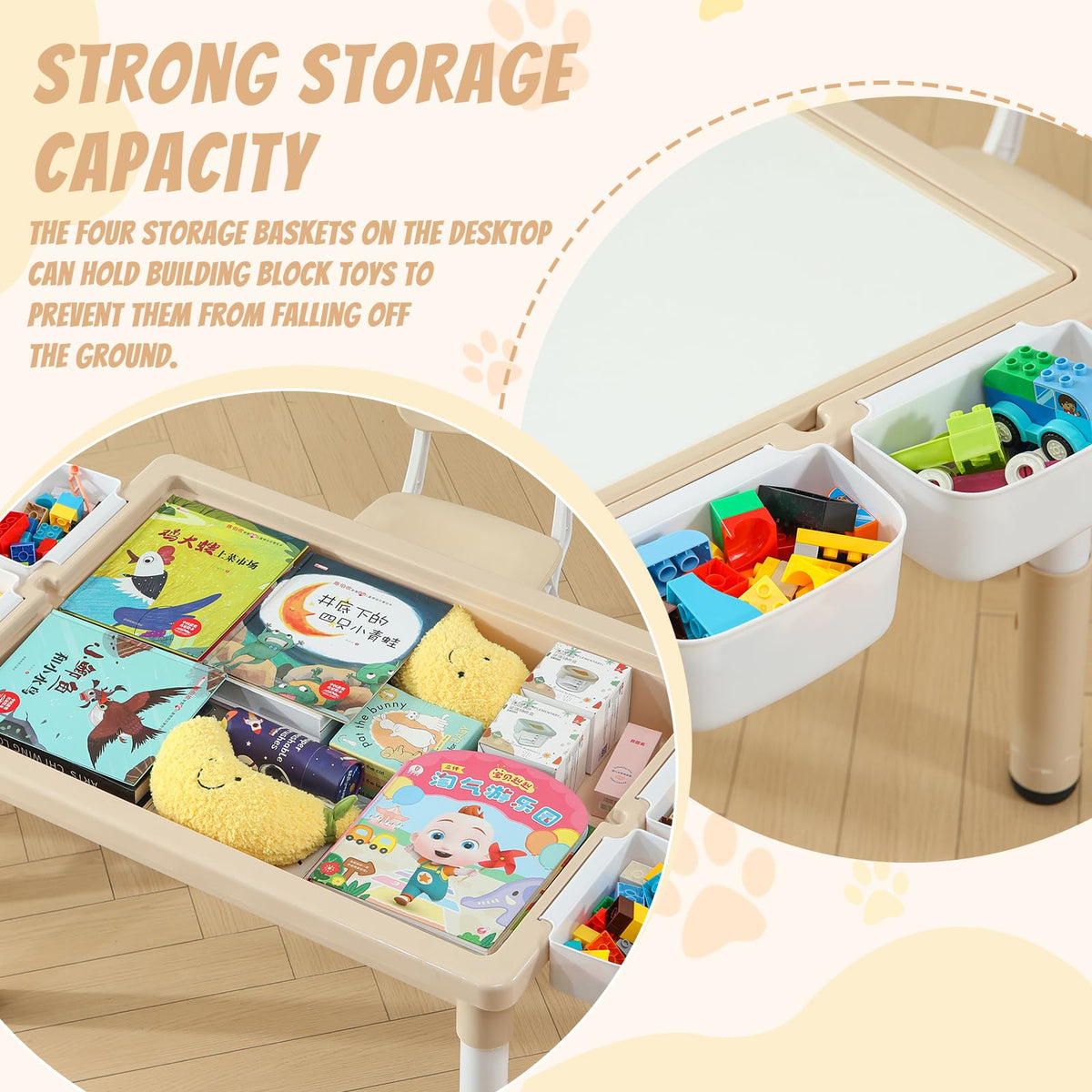 4-in-1 Toddler Activity Table with 2 Chairs, Double Sided Tabletop for Graffiti & Building Blocks, Kids Play Set with Four Side Storage Bins,Brown