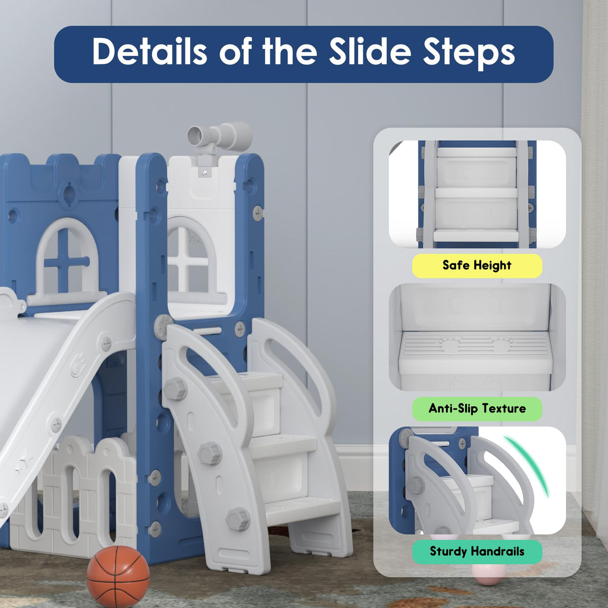 6-in-1 Toddler Slide Play Set for Ages 1–3,Multi-Functional Indoor Outdoor Kids Slide with Basketball Hoop&Telescope,L-Shaped Children Slidem,Blue
