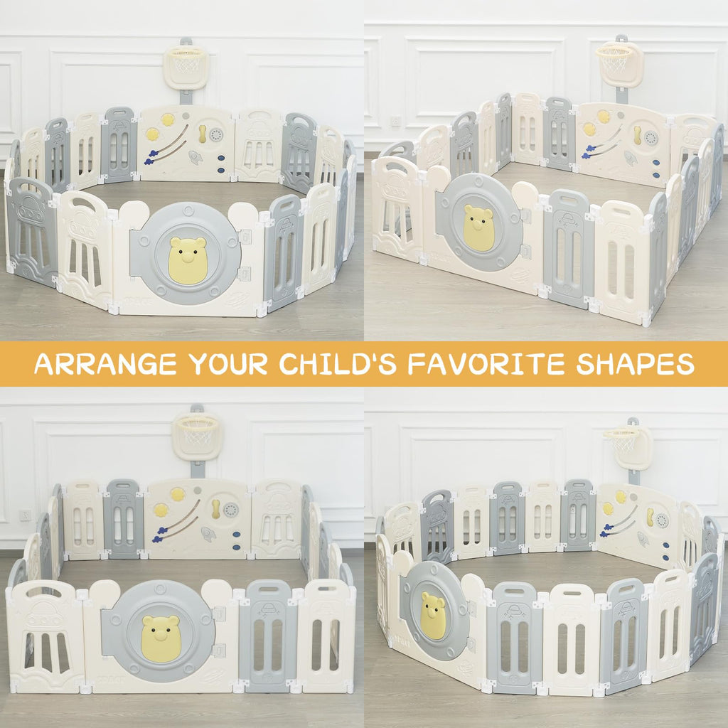 18-Panel Foldable Baby Playpen Equipped with Lock Gate and Adjustable Basketball Hoop Game Panel,Indoor Outdoor Safe Toddler Activity Fence,Gray White