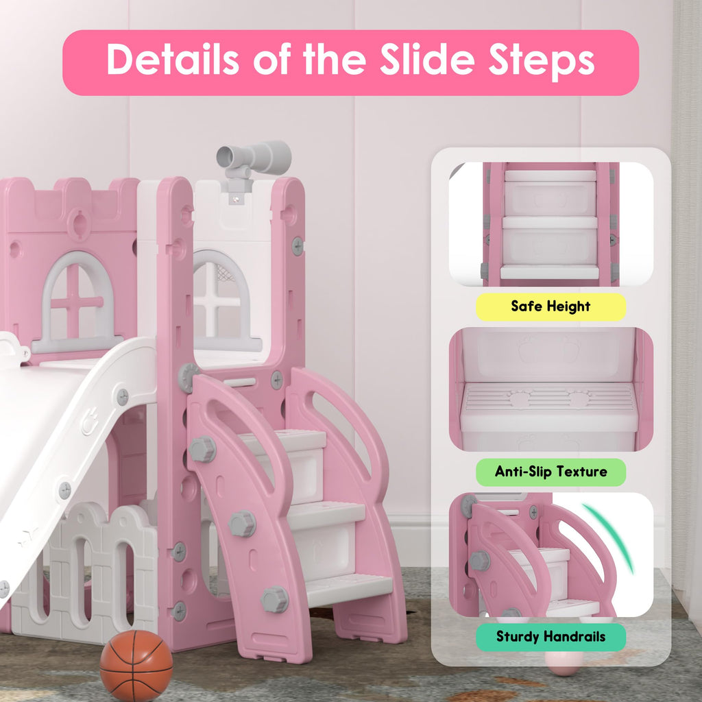 6-in-1 Toddler Slide Play Set for Ages 1–3,Multi-Functional Indoor Outdoor Kids Slide with Basketball Hoop&Telescope,L-Shaped Children Slidem,Pink