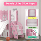 6-in-1 Toddler Slide Play Set for Ages 1–3,Multi-Functional Indoor Outdoor Kids Slide with Basketball Hoop&Telescope,L-Shaped Children Slidem,Pink