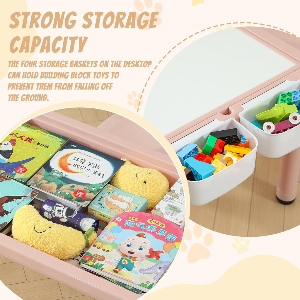 4-in-1 Toddler Activity Table with 2 Chairs, Double Sided Tabletop for Graffiti & Building Blocks, Kids Play Set with Four Side Storage Bins,Pink