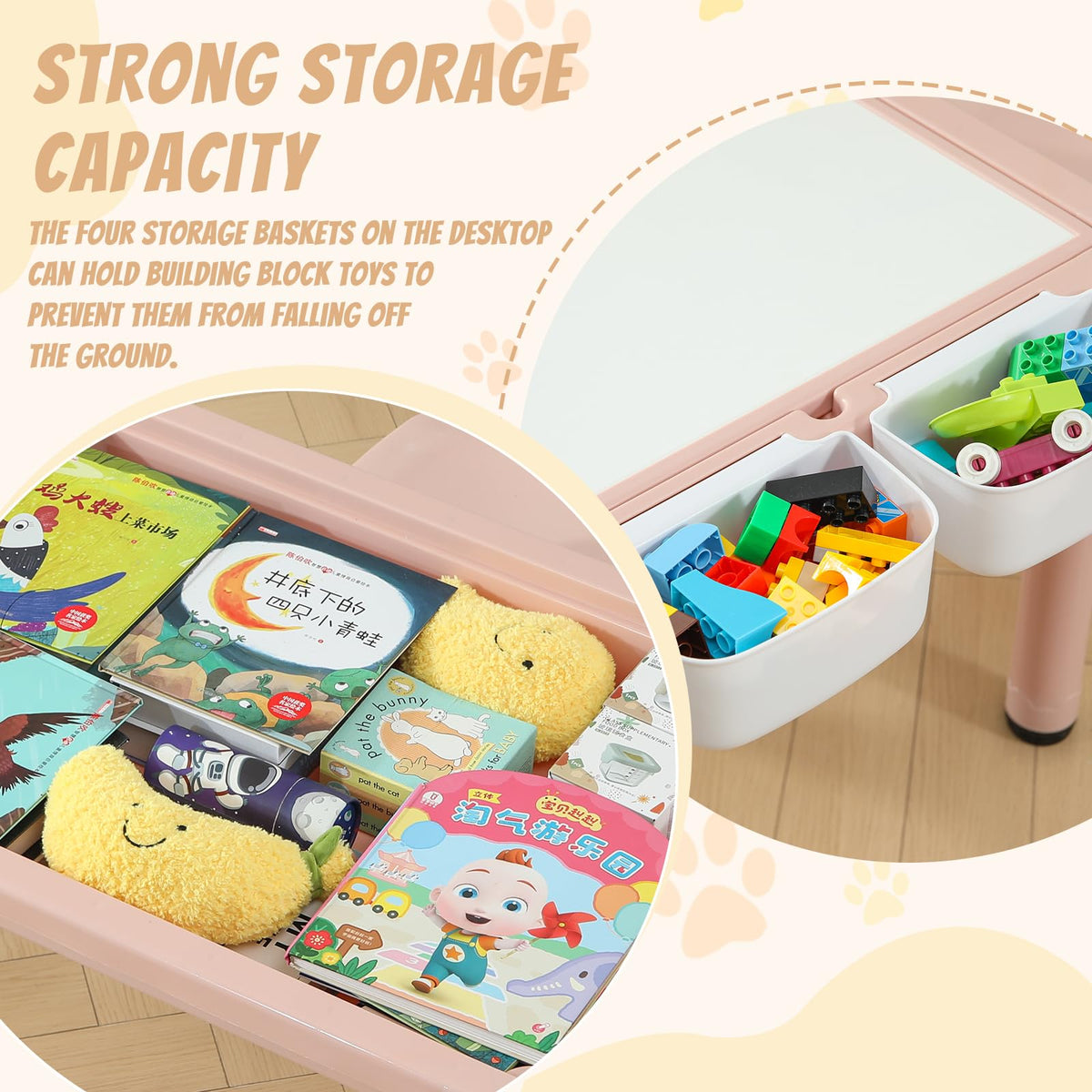 4-in-1 Toddler Activity Table with 2 Chairs, Double Sided Tabletop for Graffiti & Building Blocks, Kids Play Set with Four Side Storage Bins,Pink