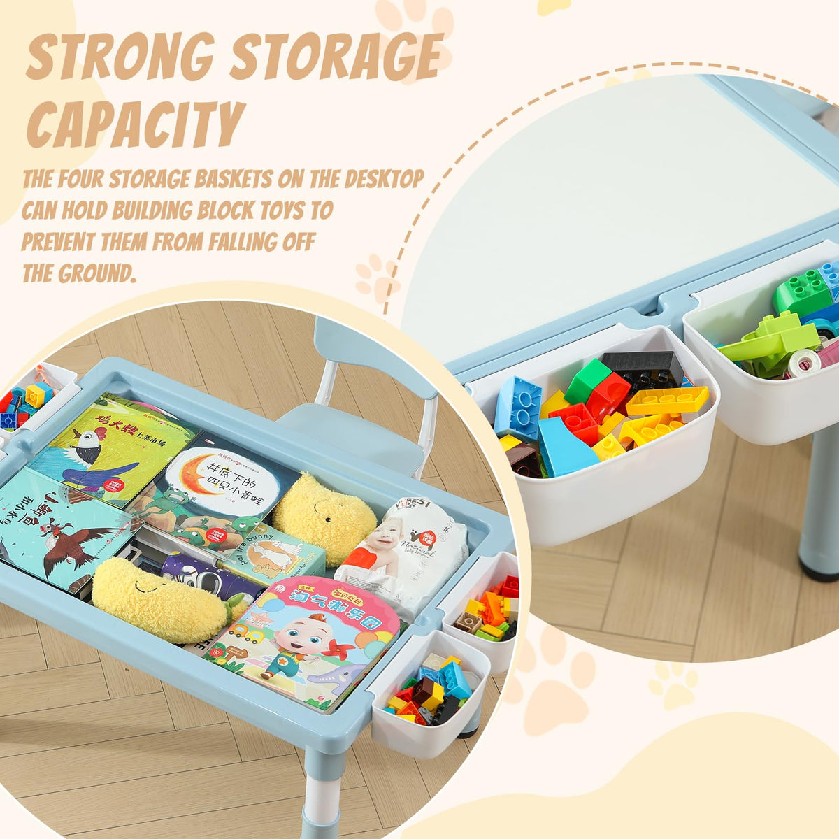 4-in-1 Toddler Activity Table with 2 Chairs, Double Sided Tabletop for Graffiti & Building Blocks, Kids Play Set with Four Side Storage Bins,Blue