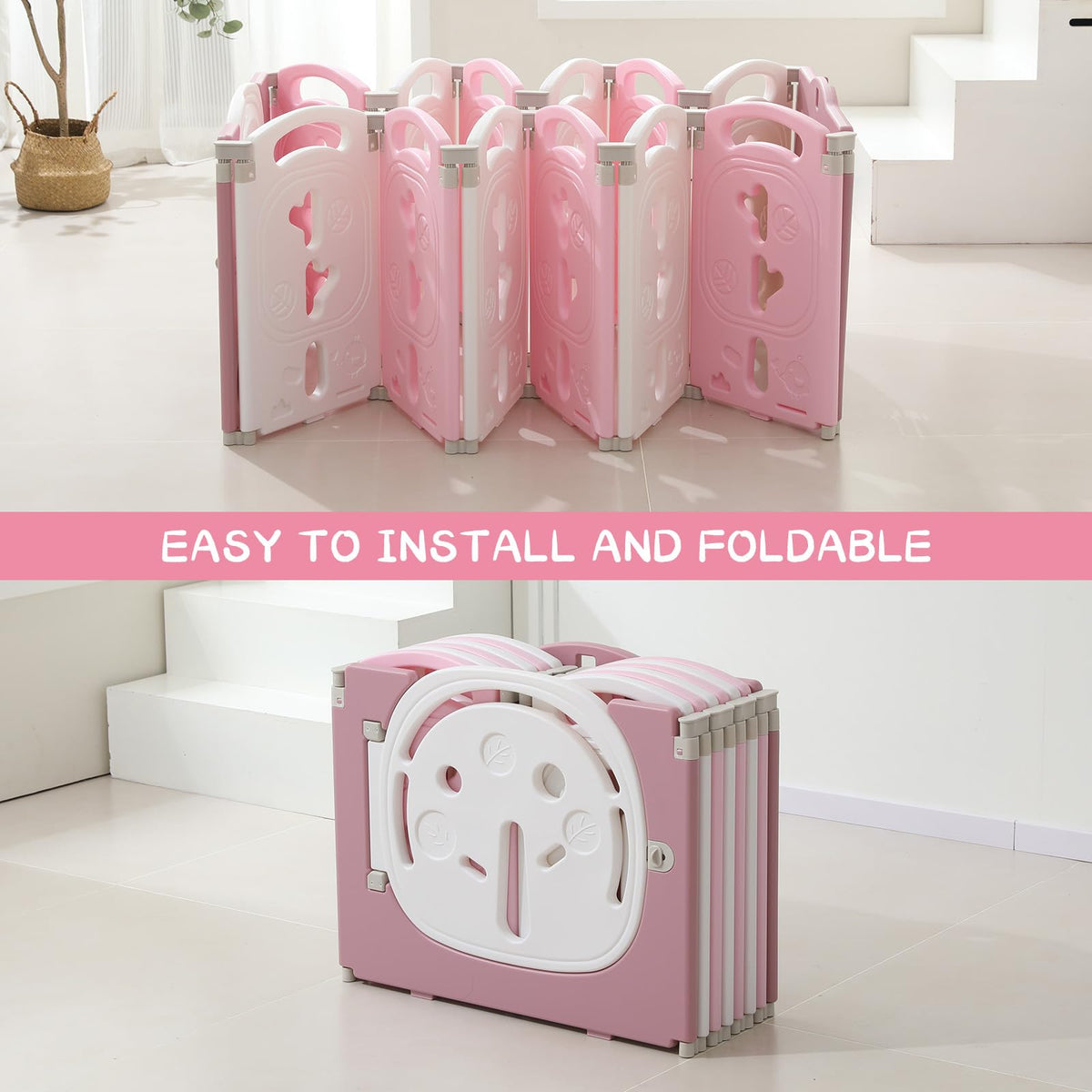 14-Panel Portable Plastic Playpen,Safe Activity Fence for Toddlers,Pink