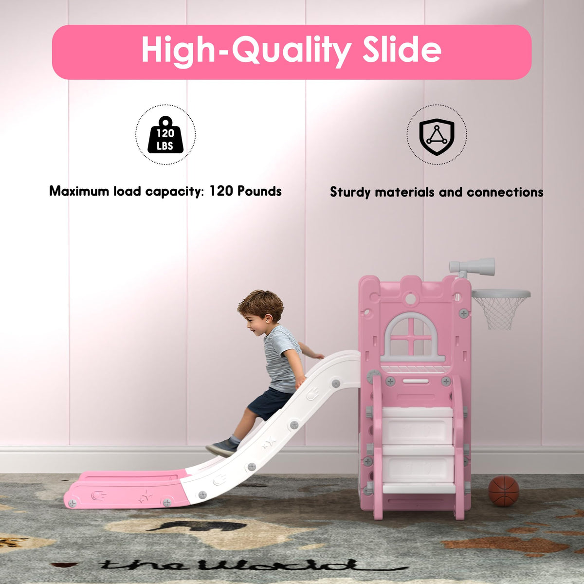 6-in-1 Toddler Slide Play Set for Ages 1–3,Multi-Functional Indoor Outdoor Kids Slide with Basketball Hoop&Telescope,L-Shaped Children Slidem,Pink
