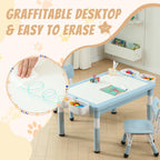 4-in-1 Toddler Activity Table with 2 Chairs, Double Sided Tabletop for Graffiti & Building Blocks, Kids Play Set with Four Side Storage Bins,Blue