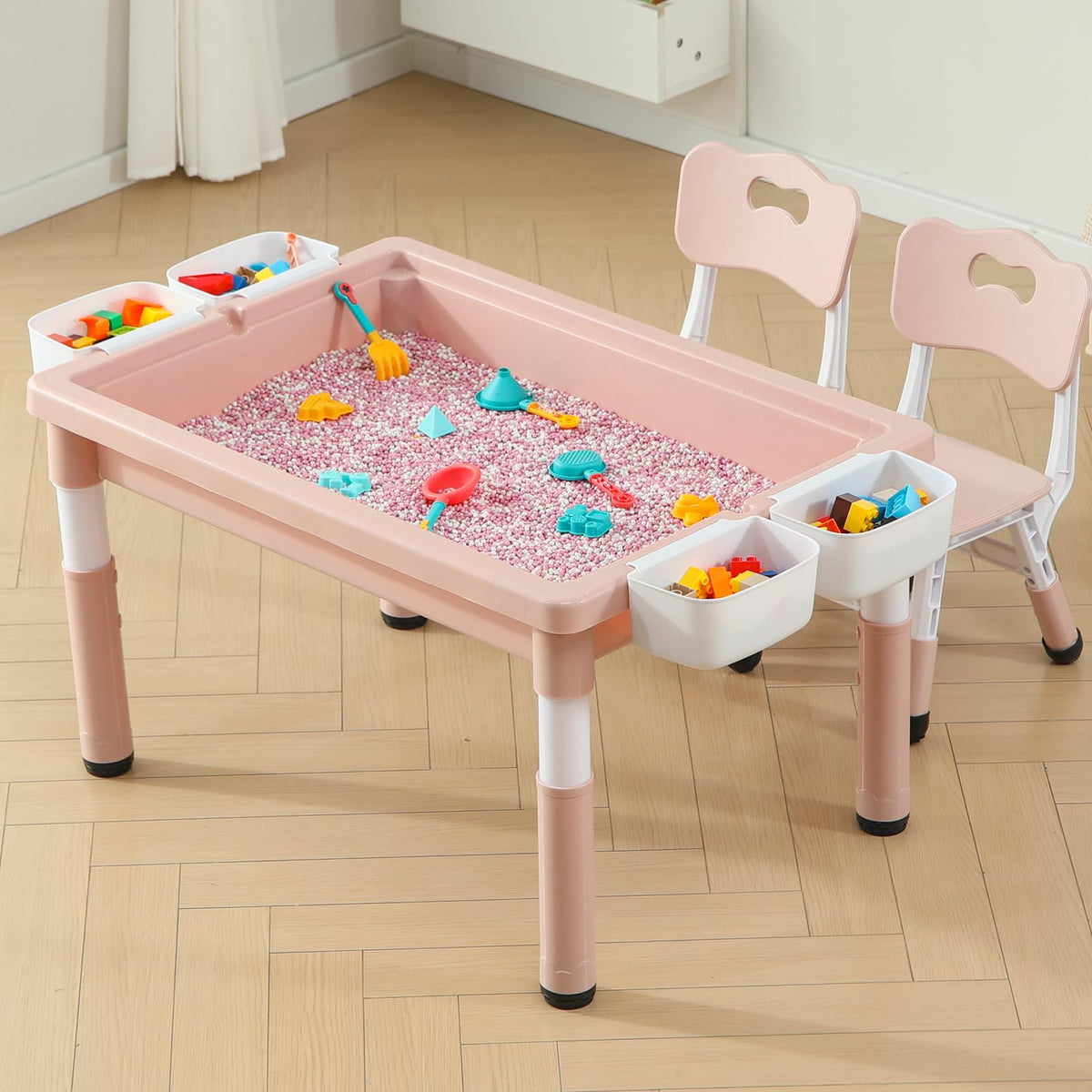 4-in-1 Toddler Activity Table with 2 Chairs, Double Sided Tabletop for Graffiti & Building Blocks, Kids Play Set with Four Side Storage Bins,Pink