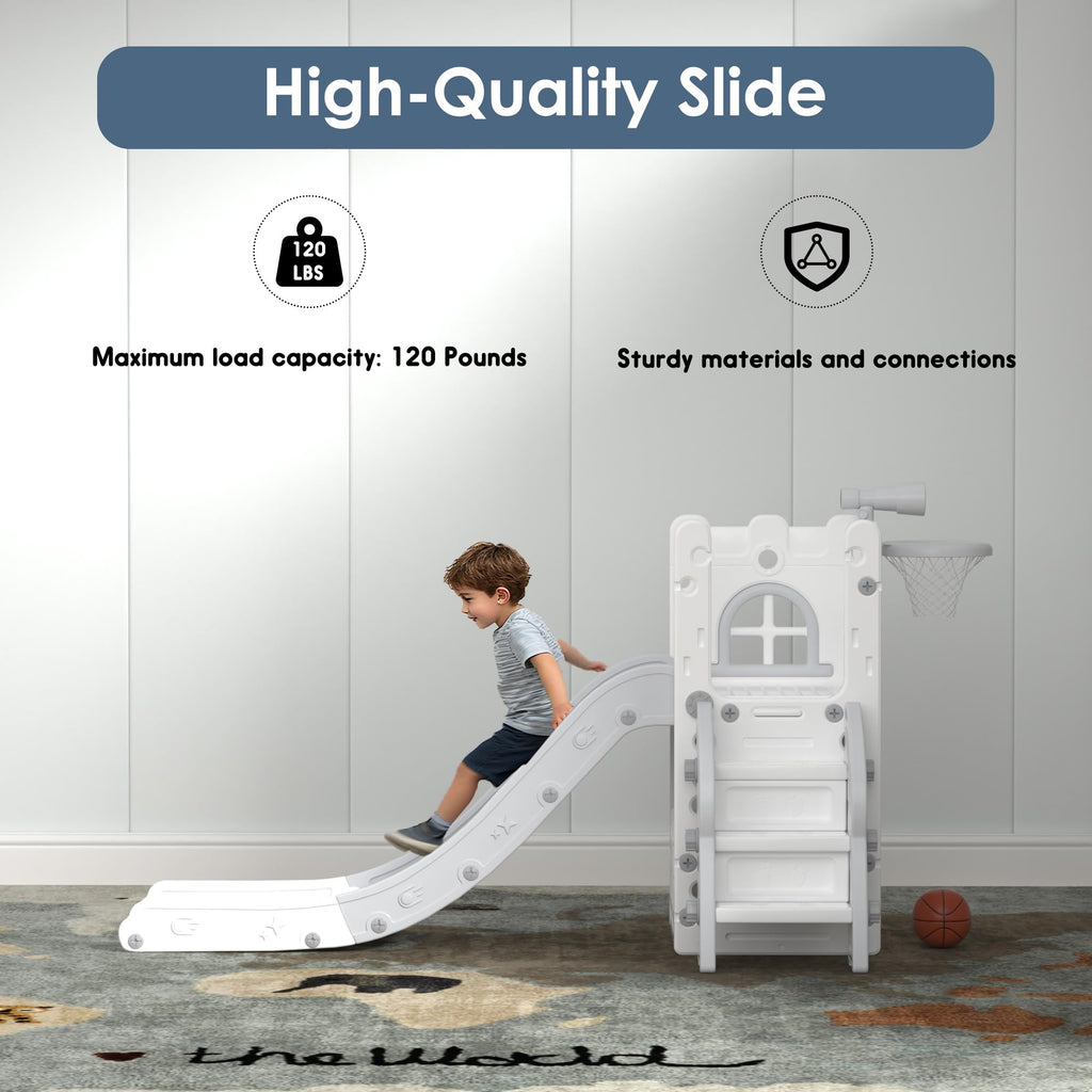 6-in-1 Toddler Slide Play Set for Ages 1–3,Multi-Functional Indoor Outdoor Kids Slide with Basketball Hoop&Telescope,L-Shaped Children Slidem,Grey