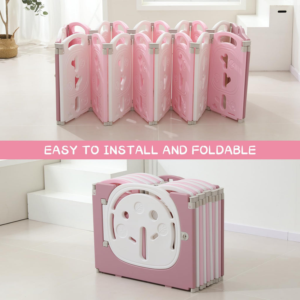 18-Panel Portable Plastic Playpen,Safe Activity Fence for Toddlers,Pink