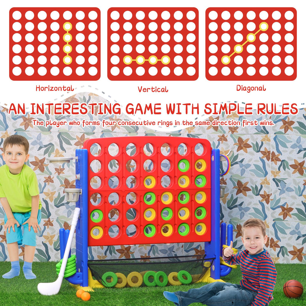 Jumbo 4-to-Score Connect Game with Height Adjustment, Multi-Game Set Including Golf, Basketball Hoop, Ring Toss & Mesh Bag,Red