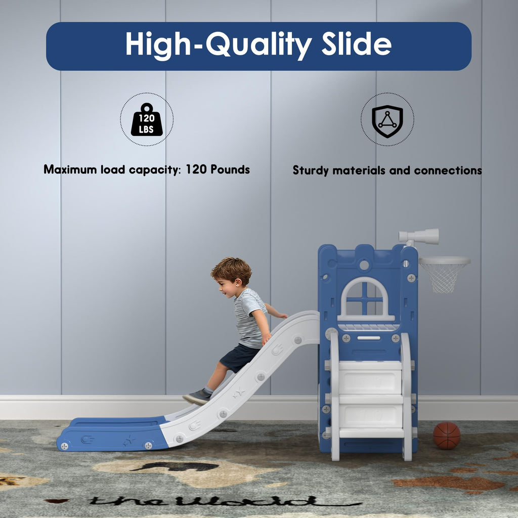 6-in-1 Toddler Slide Play Set for Ages 1–3,Multi-Functional Indoor Outdoor Kids Slide with Basketball Hoop&Telescope,L-Shaped Children Slidem,Blue