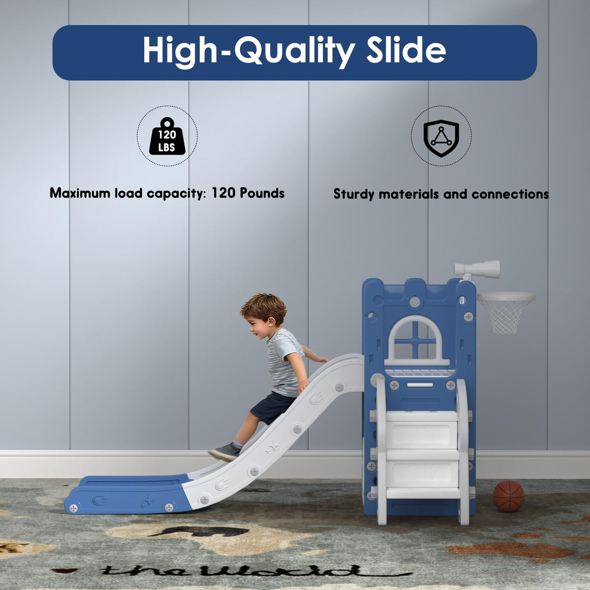 6-in-1 Toddler Slide Play Set for Ages 1–3,Multi-Functional Indoor Outdoor Kids Slide with Basketball Hoop&Telescope,L-Shaped Children Slidem,Blue