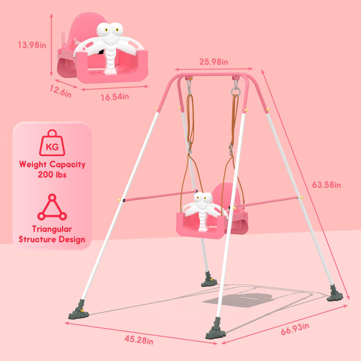 Kids Swing Set,3-in-1 Design with Safety Belt,Sturdy Metal Stand,Easy Quick Assembly,Indoor & Outdoor Suitable for Backyard,Playground and Nursery,Pink